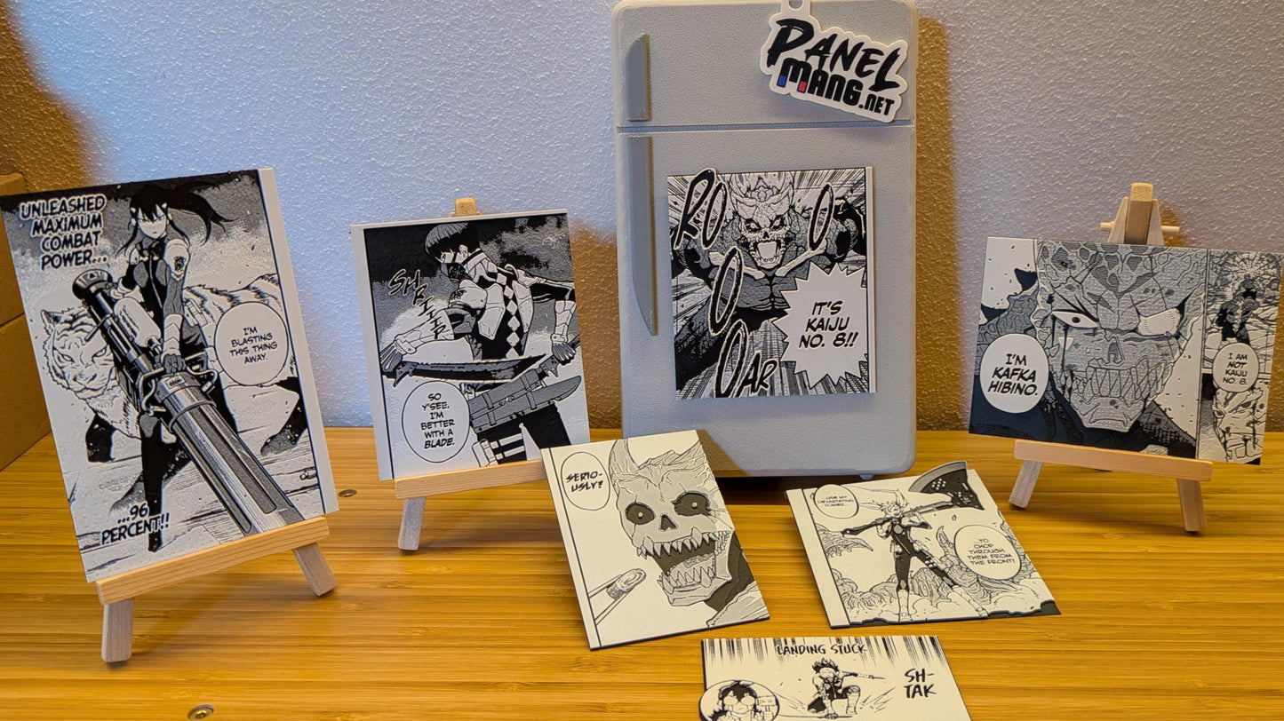 Size comparison of Kaiju No.8 Kafka Hibino 3D magnet showing 12x9cm dimensions
