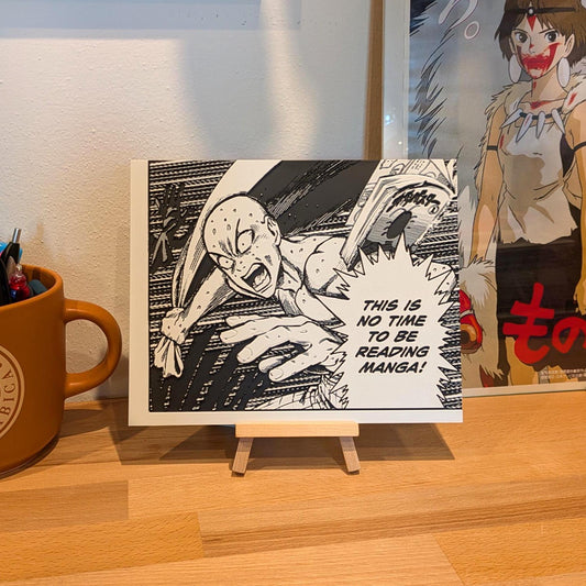 Pannello manga 3D One Punch Man – "Non c'è tempo per leggere i manga!" / 22 x 18 cm / Arte murale anime con cavalletto in legno / Scena epica di Saitama