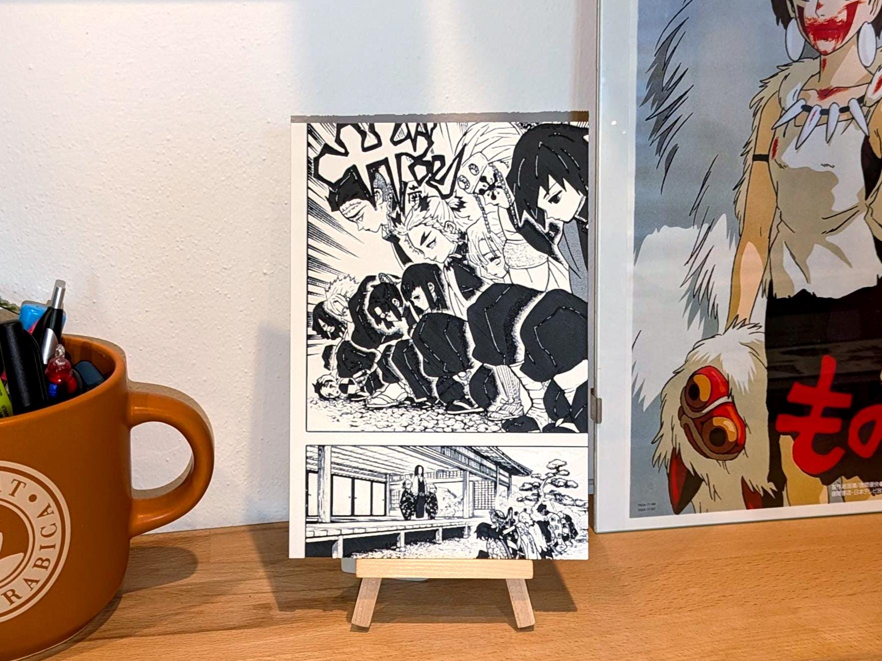 Demon Slayer Hashira panel mounted on wall showing anime room decor and manga art display option