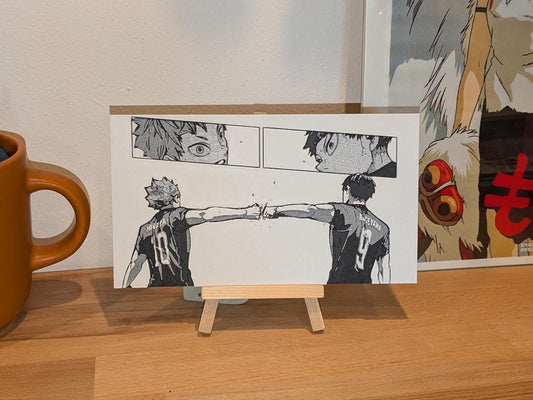 Pannello manga 3D Haikyuu / Hinata e Kageyama Fist Bump / Arte murale anime fatta a mano, regalo di pallavolo, cavalletto in legno incluso, 11 x 20 cm