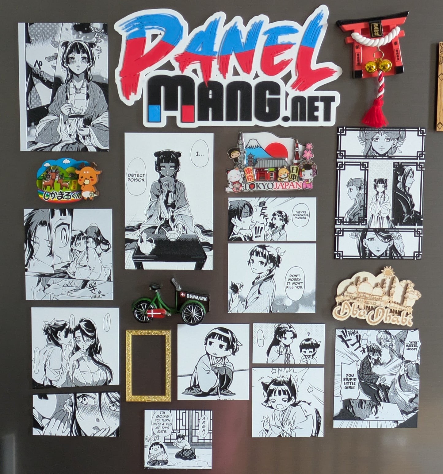 Apothecary Diaries 5 character magnet panel attached to refrigerator door showing practical use as kitchen decoration and manga collectible display