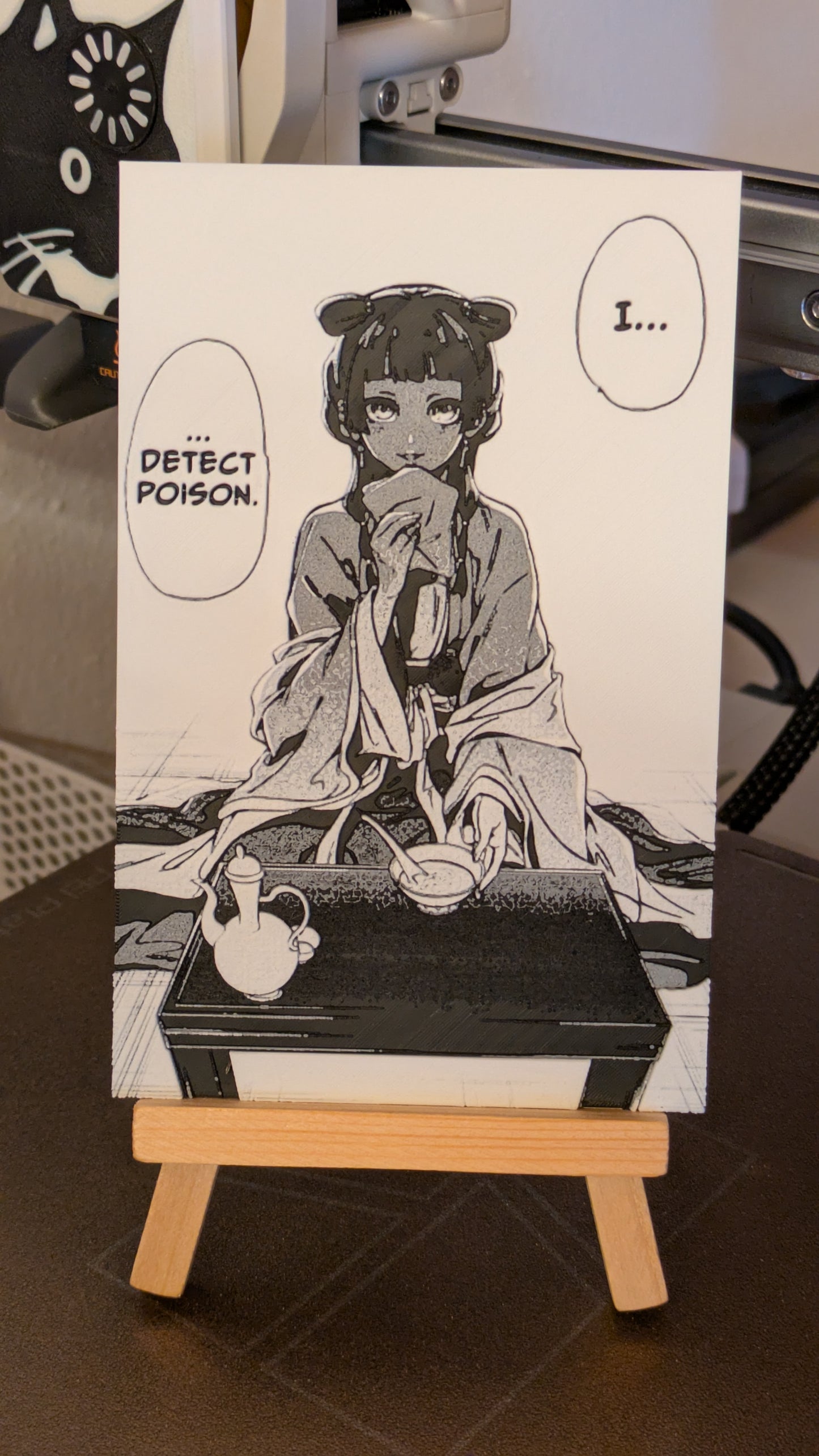 Apothecary Diaries Maomao magnet featuring the character detecting poison, displayed on wooden easel showing 9x13cm size