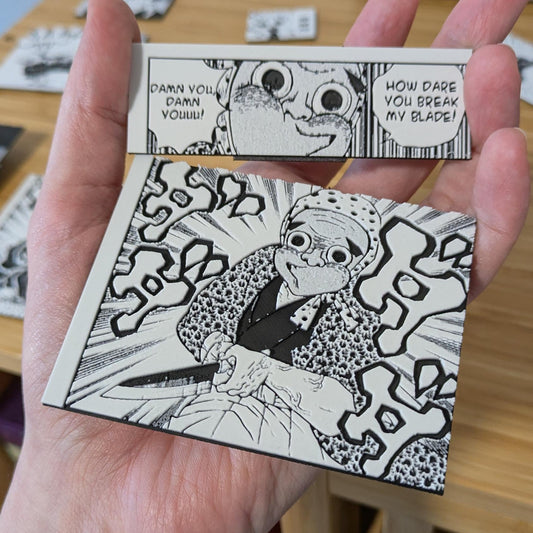 Demon Slayer double panel magnet featuring iconic 'How Dare You Break My Sword' scene 9x10cm handmade decoration