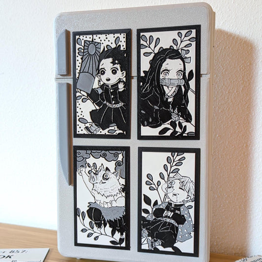 Demon Slayer magnet set featuring Tanjiro, Nezuko, Inosuke and Zenitsu 4x7cm manga panels with botanical details