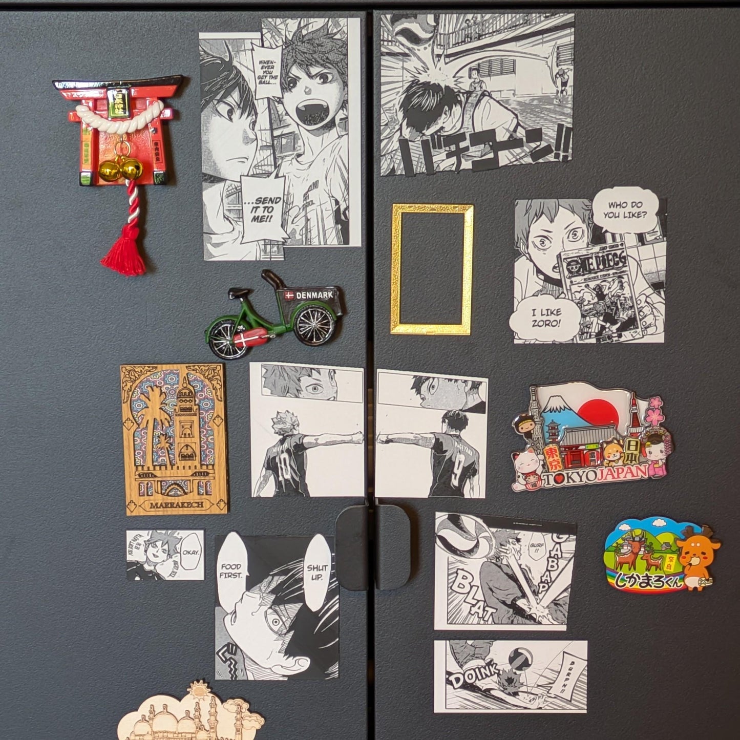 Haikyuu!! Tsukishima magnet set displayed on refrigerator showing practical use, 7x9cm (2.8x3.5in) main magnet with mini bonus