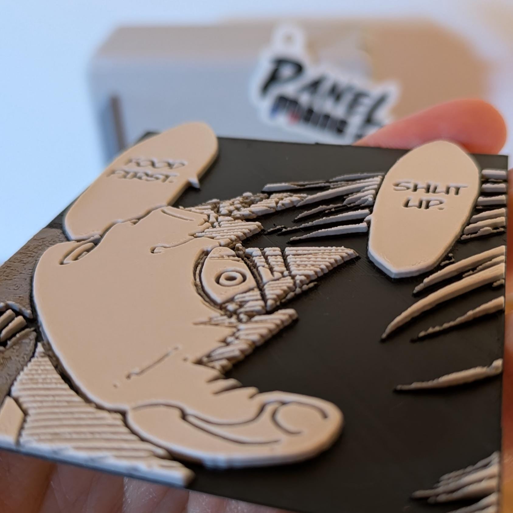 High-quality 3D printed Haikyuu!! Tsukishima magnet showing texture and detail of Food First Shut Up manga panel