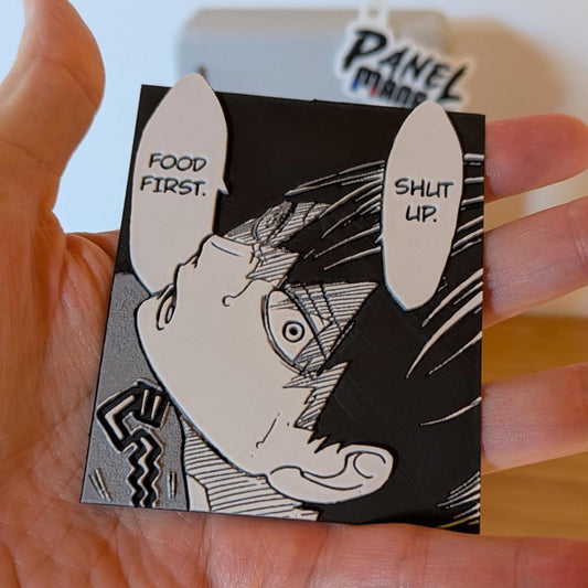Close-up view of Haikyuu!! Tsukishima Kei magnet showing detailed manga panel artwork, 7x9cm (2.8x3.5in) size