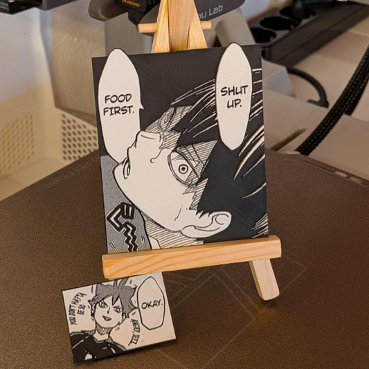 Haikyuu!! 3D printed magnet set featuring Tsukishima Kei 'Food First Shut Up' panel, 7x9cm (2.8x3.5in) with bonus mini magnet