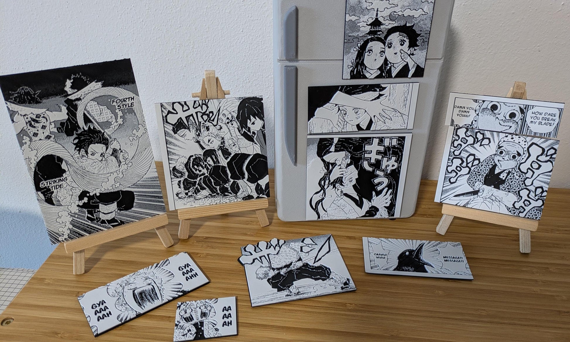 Product showcase of handmade Demon Slayer magnet highlighting anime collectible quality and iconic sword scene