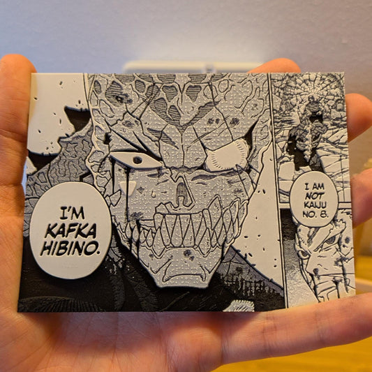Kaiju No.8 3D printed magnet featuring Kafka Hibino transformation panel, handmade collectible for anime fans