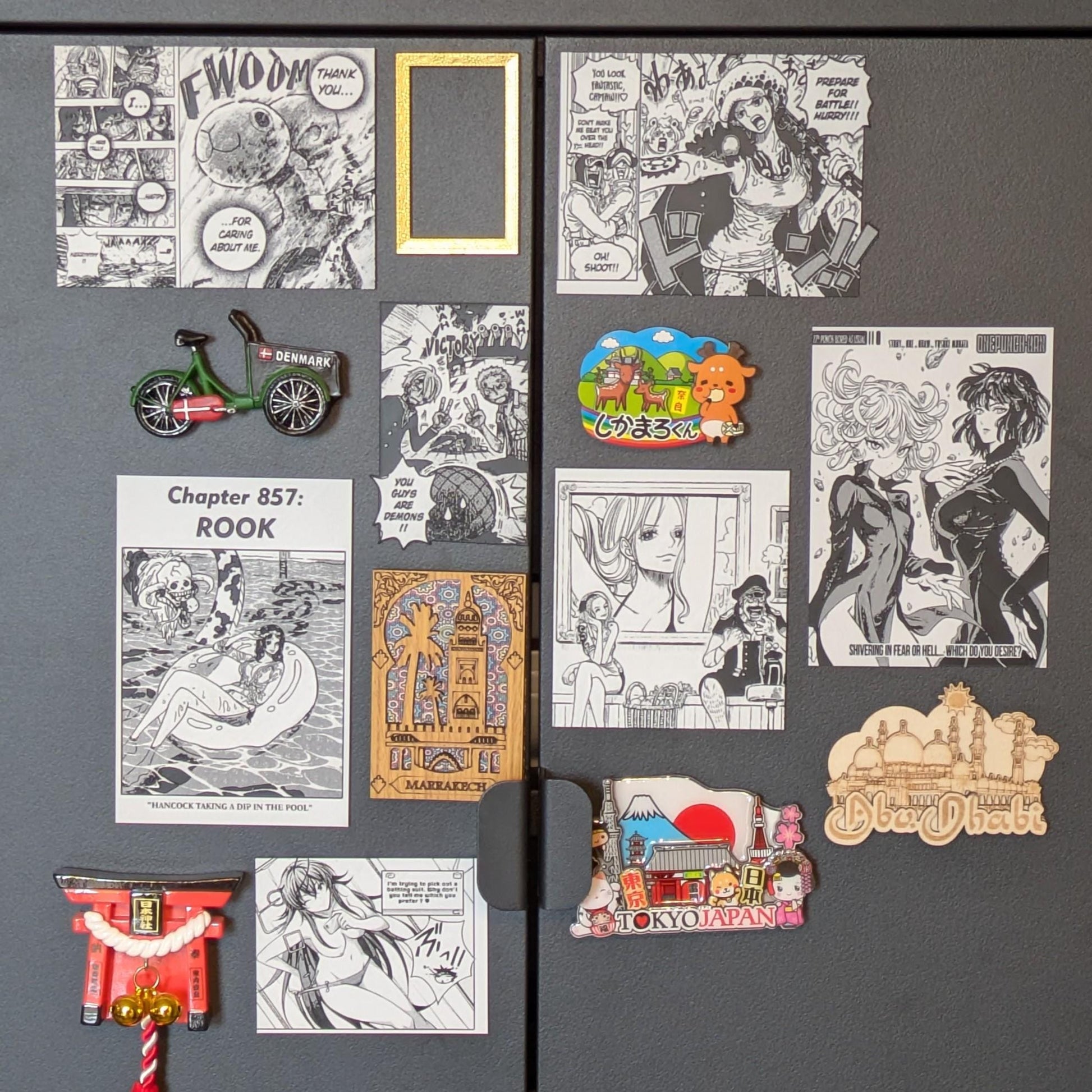 Demon Slayer magnet set displayed on magnetic surface showing practical anime decor application
