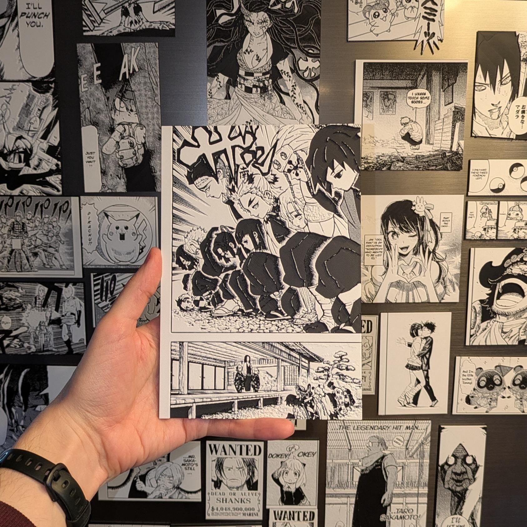 Demon Slayer panel displayed on included wooden easel for desk or shelf anime decoration setup