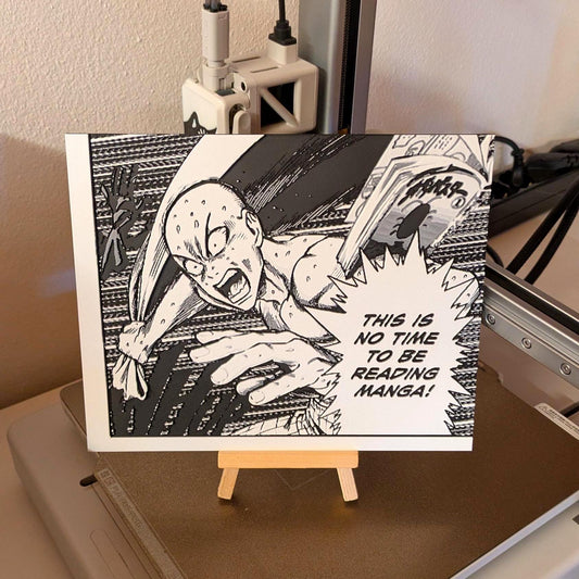 Pannello manga 3D One Punch Man – "Non c'è tempo per leggere i manga!" / 22 x 18 cm / Arte murale anime con cavalletto in legno / Scena epica di Saitama